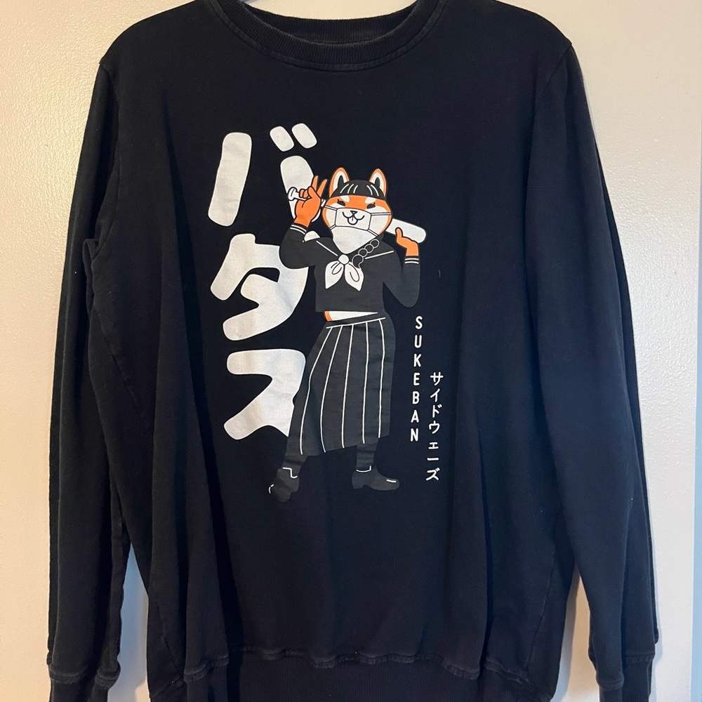 Black Graphic Sweatshirt with Orange Fox
